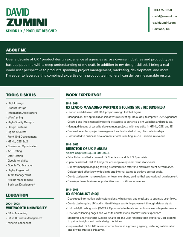A screenshot of David's resume, which can be downloaded as a PDF here.